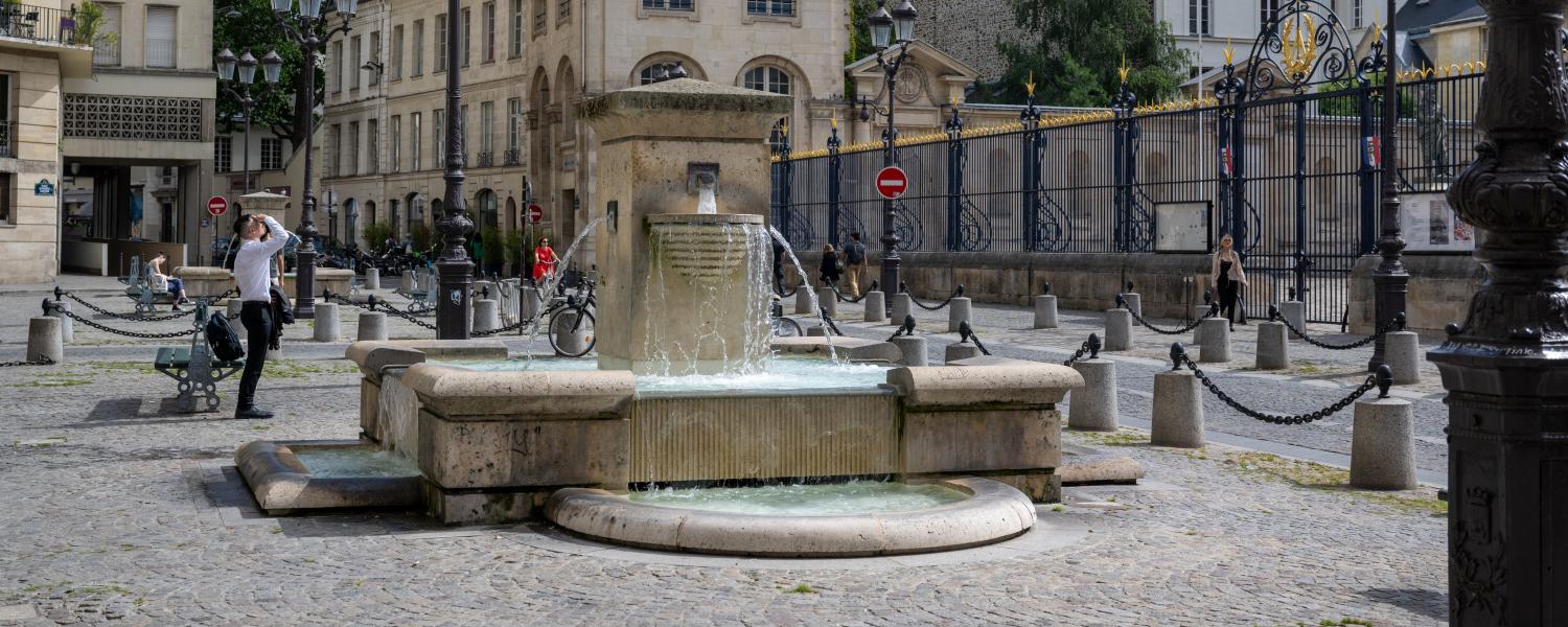 A student stands next to a stone water fountain near historic buildings, looking up at the sky.