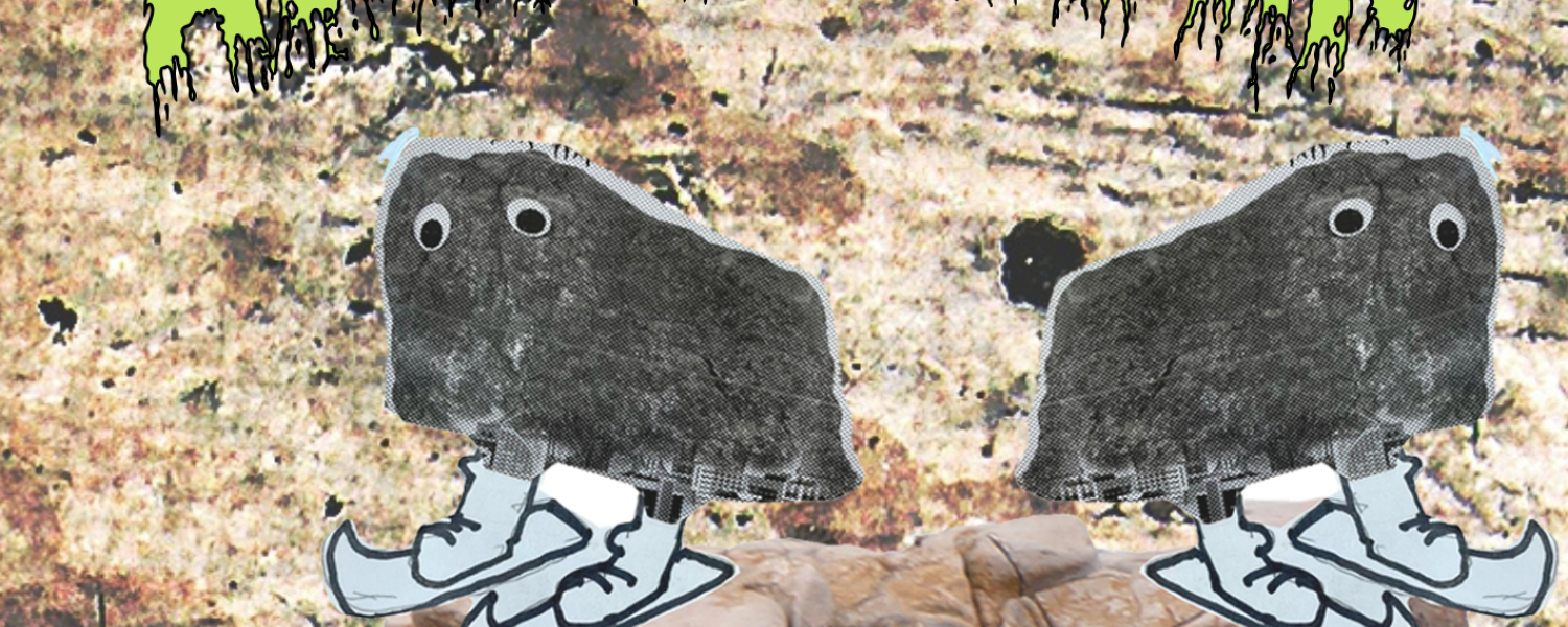 Poster for Aggregate III: Avalanche of Talent. Rocks with googly eyes and legs siting on a pile of rocks. 