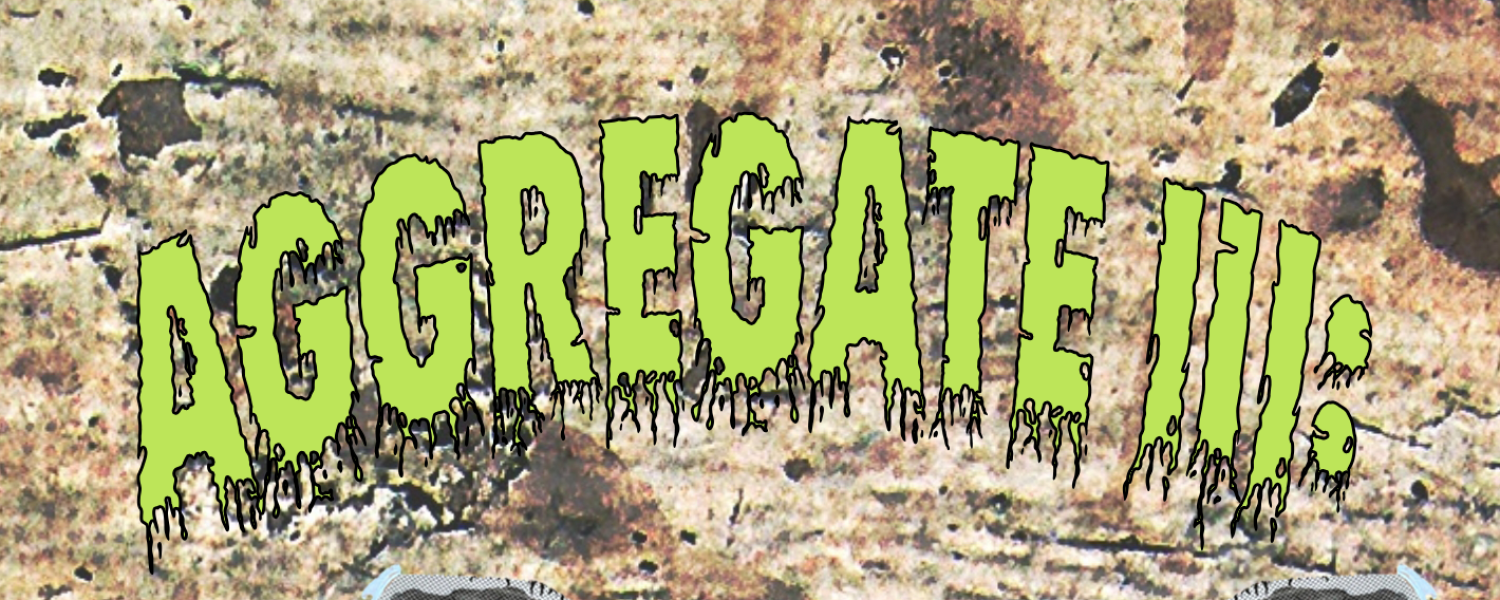 Poster for Aggregate III: Avalanche of Talent. Rocks with googly eyes and legs siting on a pile of rocks. 