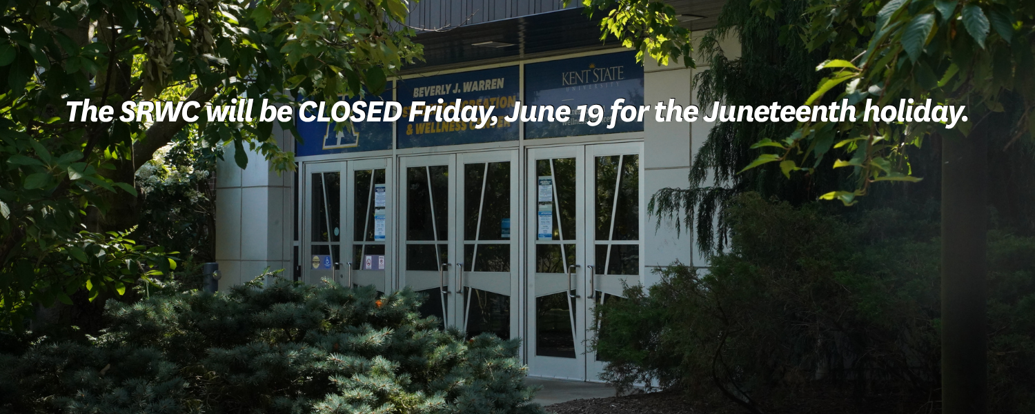 Looking through the trees to the SRWC entrance with the text "The SRWC will be closed Friday, June 19th for the Juneteenth Holiday"