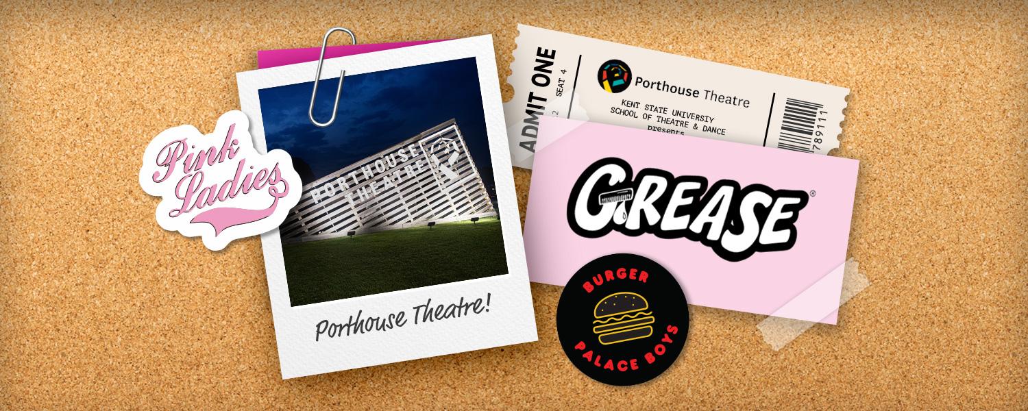 Polaroid photo of Porthouse Theatre on a bulletin board background with the "Grease" logo next to it.