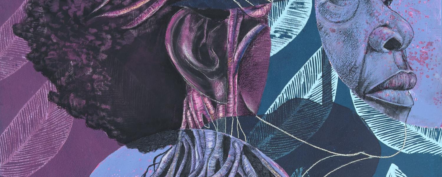 Details of a print made by artist Delita Martin, Showing an older woman's face layered over leaves and shapes