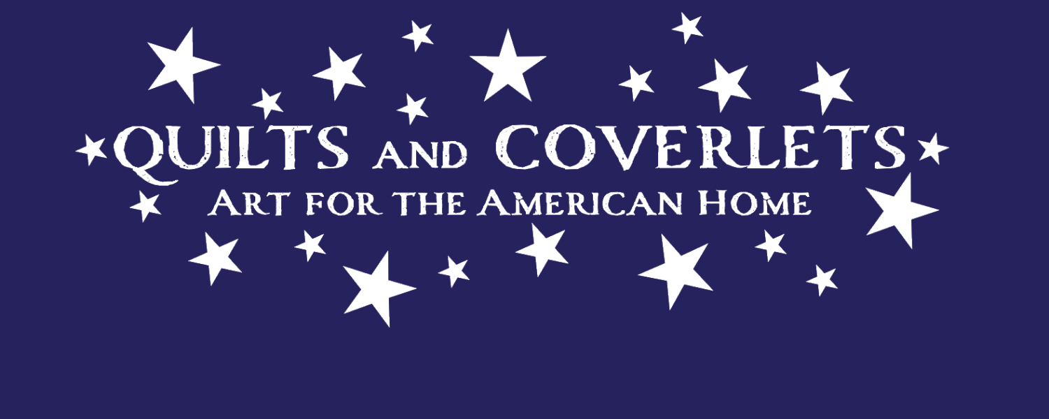 Blue background with white starts and type that reads "Quilts and Coverlets"