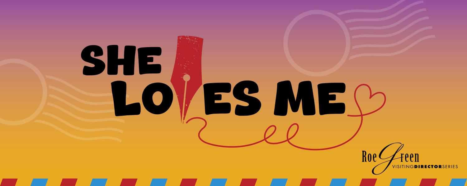 She loves me poster with a postcard background and a red fountain pen