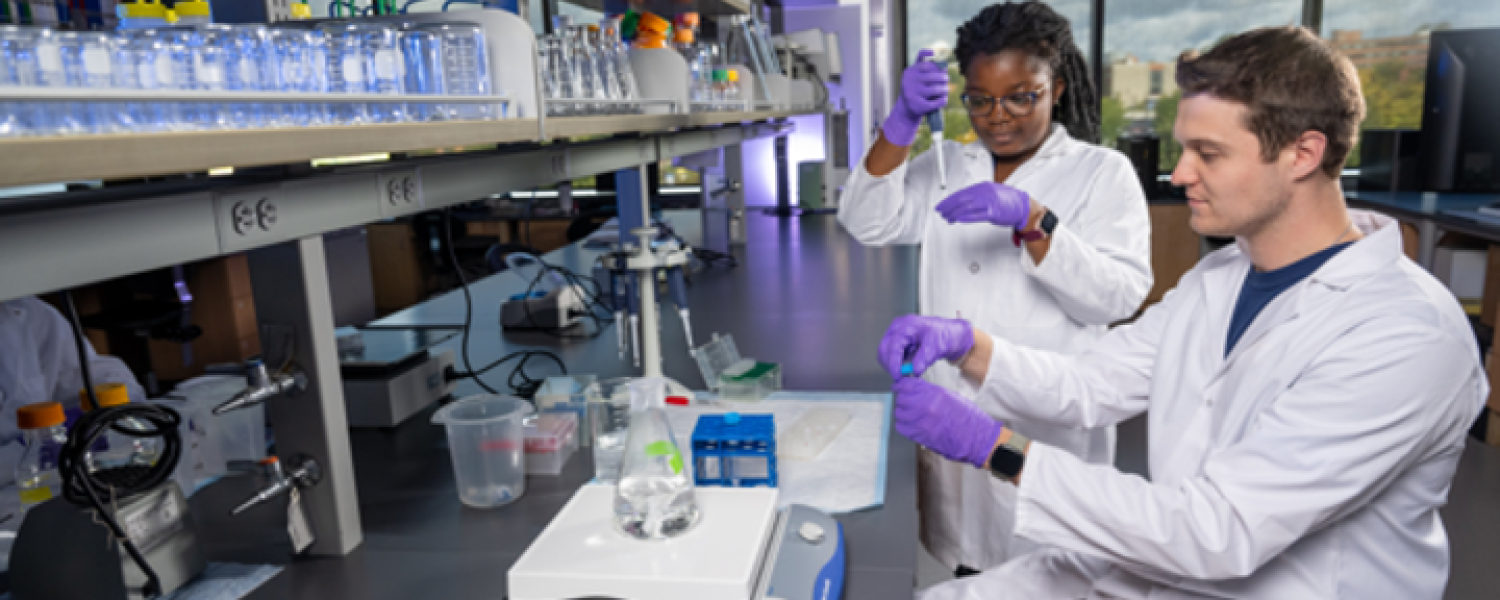 students pipetting at lab bench