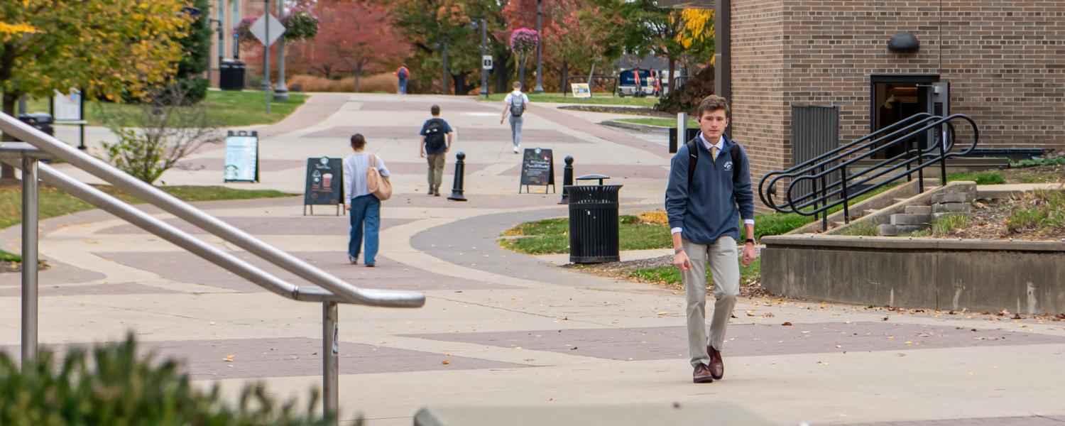 Students walk down a campus sidewalk on a fall day.