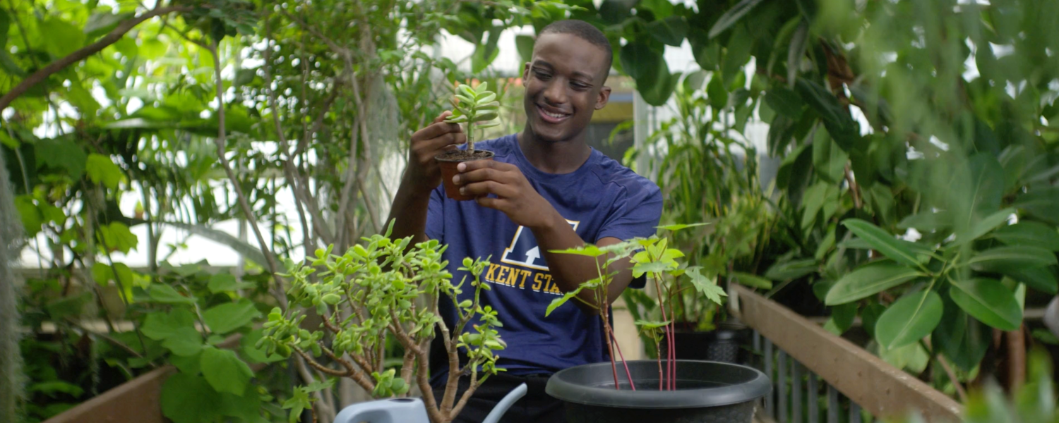 Student admiring plants in the greenhouse