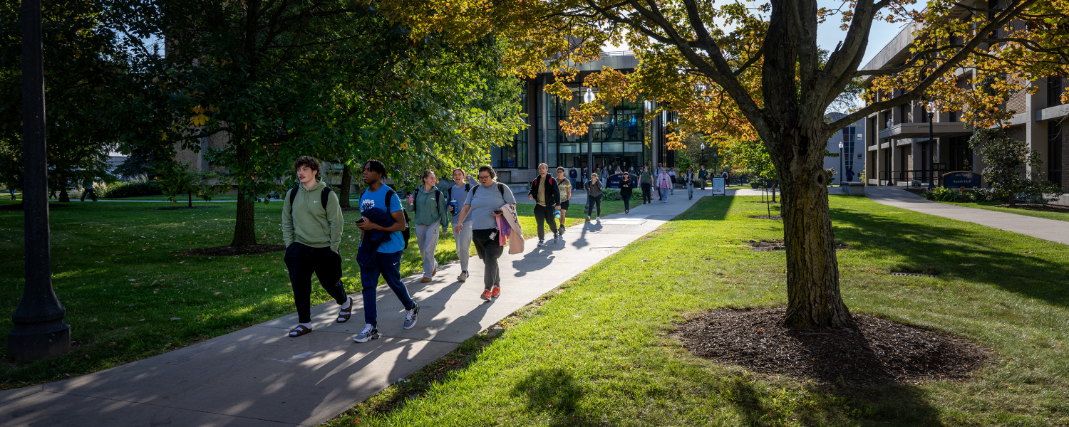 Students walk on campus on a sunny day.