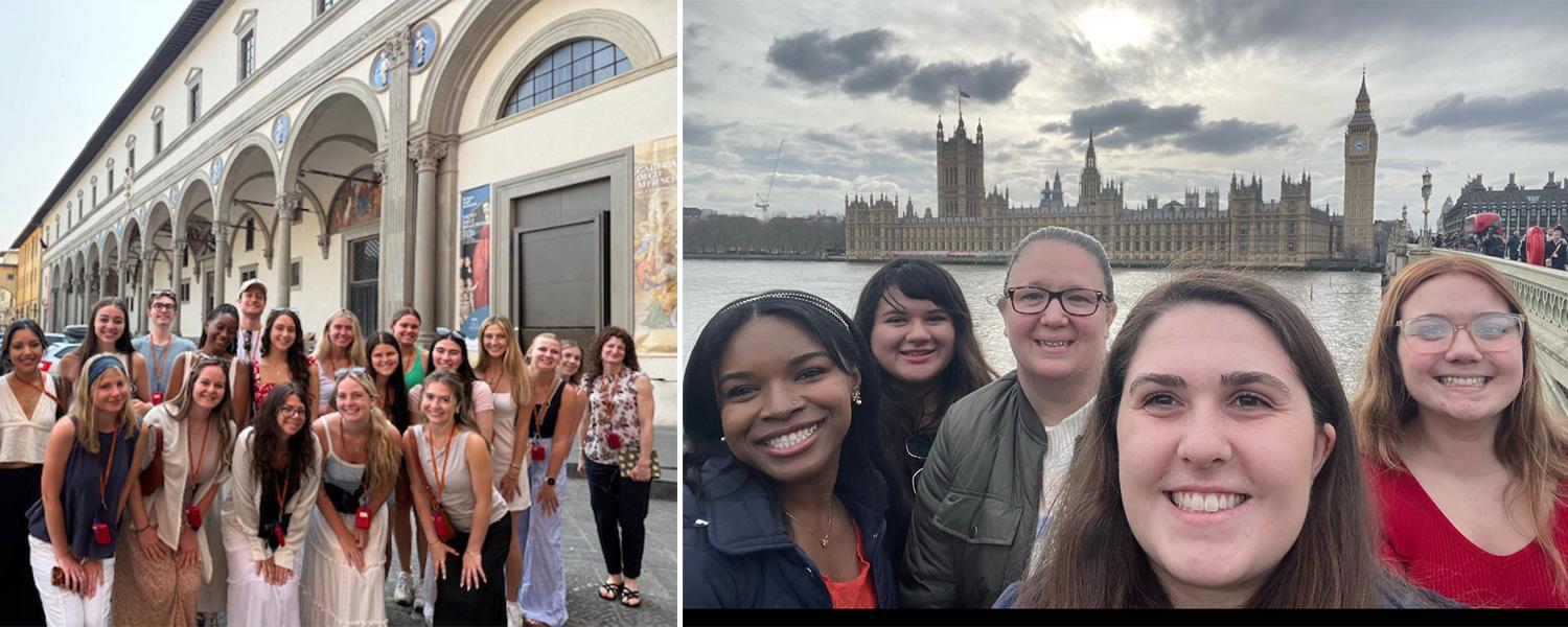 Group photos of nursing students while studying abroad in Florence, Italy (left) and London, England (right).
