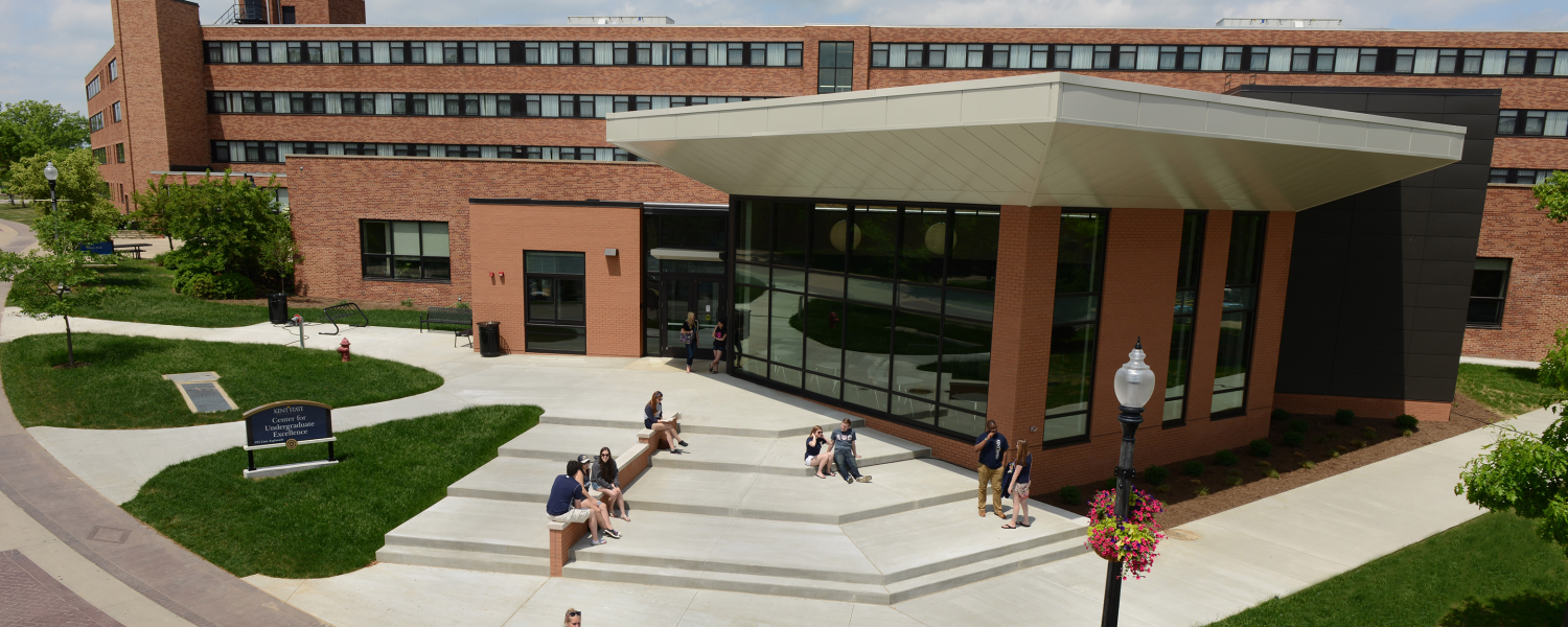 An aerial view of the CUE building on Kent State's campus.