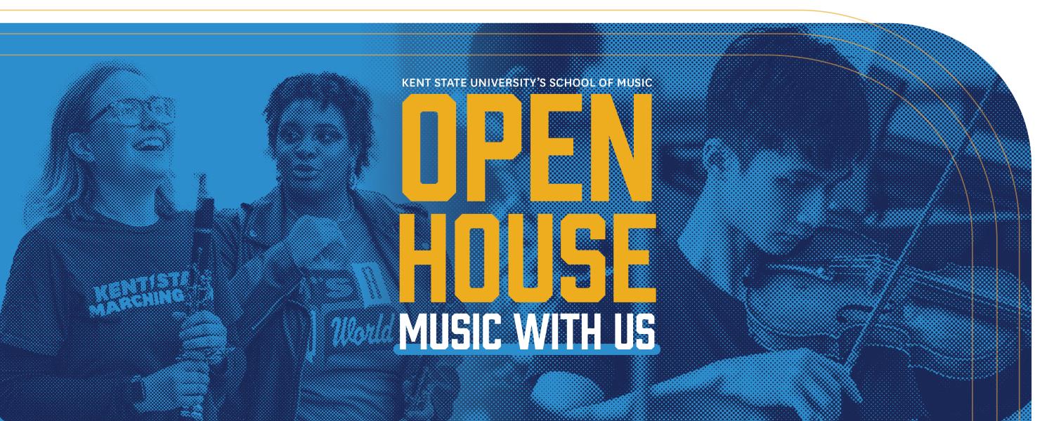 Blue toned images of students in various bands. Open House for Kent State's School of Music