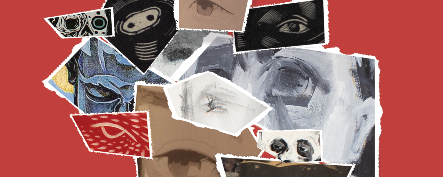 A paper collage of illustrated eyes on a red background. 