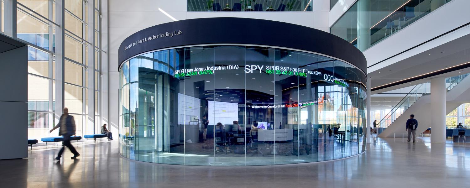 outside view of the trading floor classroom from the crawford hall lobby.