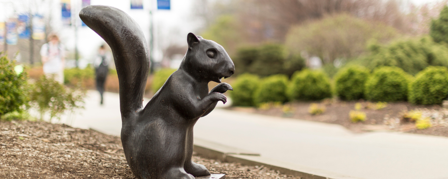 Photo of a black squirrel statue on the kent campus.