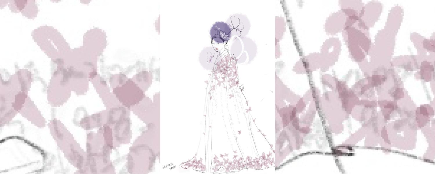 sketch of dress, white with pink flowers