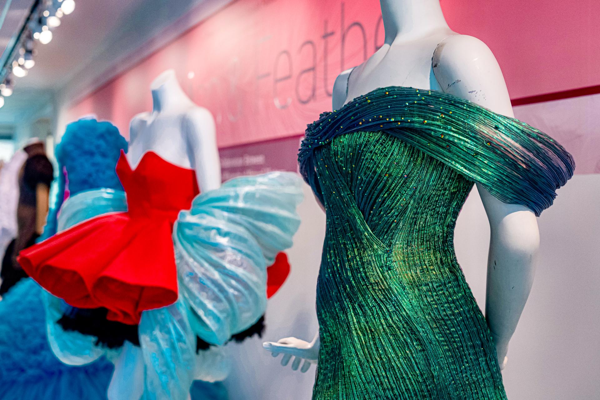 Dresses at the Fashion and Feathers exhibit