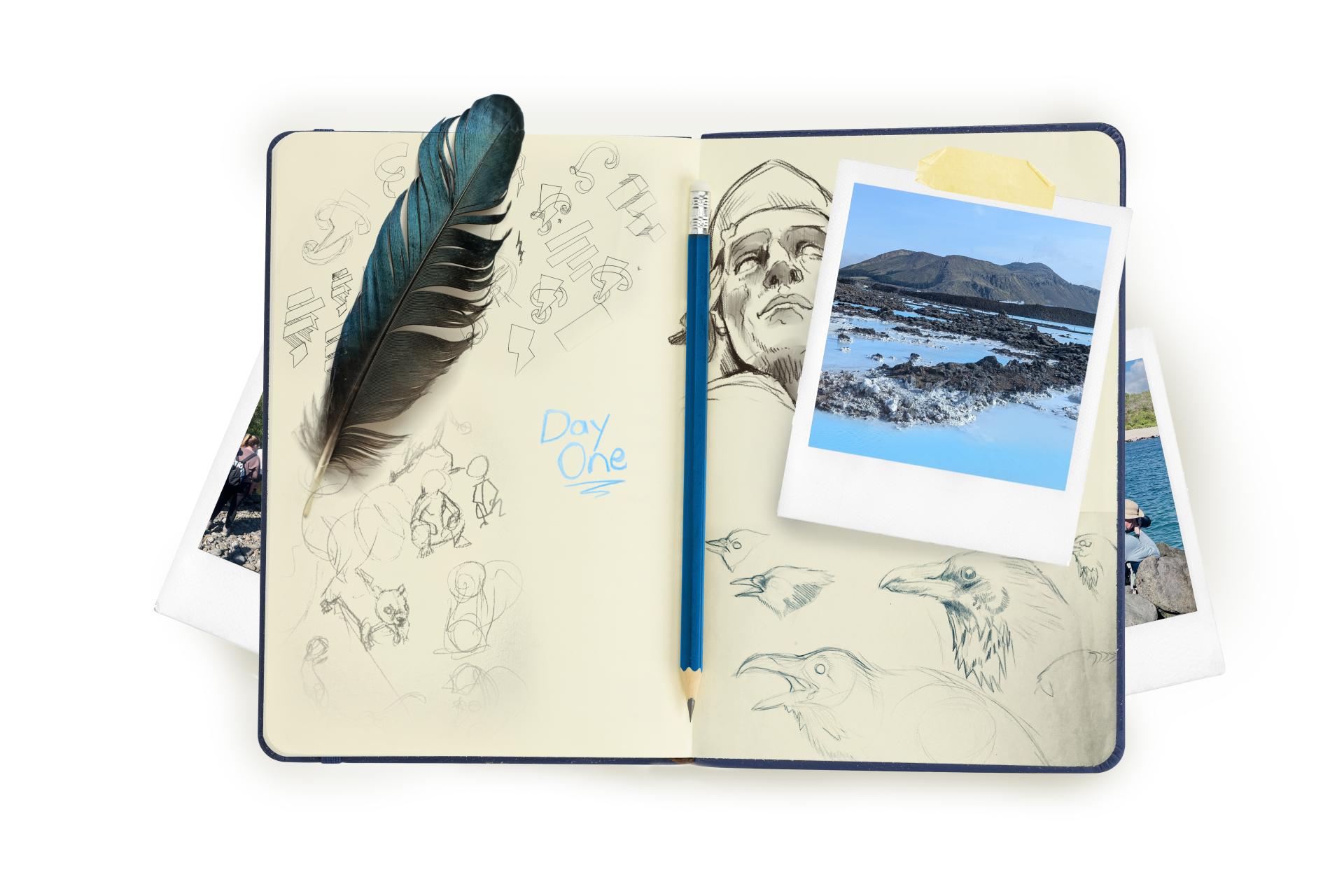 Journal with notes written inside, a photo and a feather