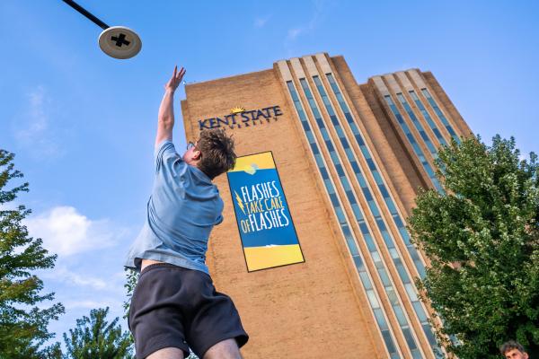 A Kent State student leaps for a goal at Blastoff Fall 2025