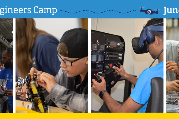 Three images of kids engaged in various activities including listening to a presentation about robotics, building a small robot, and sitting in an augmented reality flight simulator