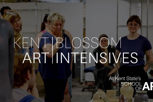 Kent Blossom Art Intensives in white text displayed over a darkened background of people smiling and critiquing ceramic mugs