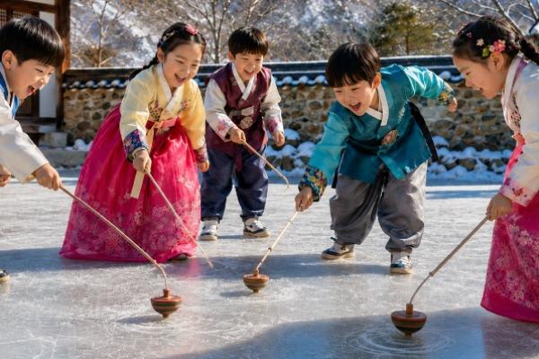 Chidren playing with spinning tops