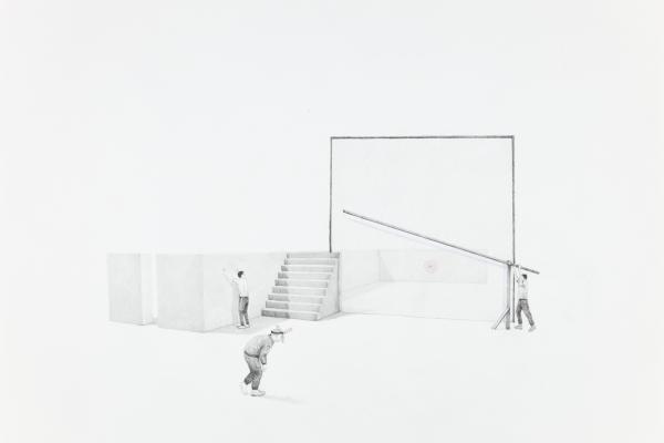 Black and white artwork depicting two figures building a structure