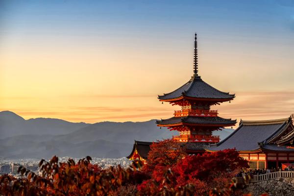 A view of a Chinese city at sunset.
