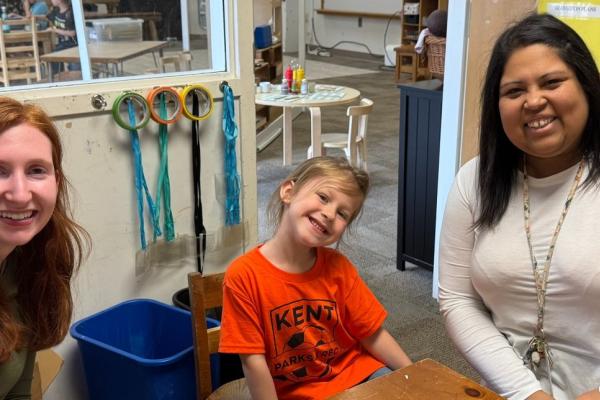 SLP MA graduate clinician Ellenor Buchanan, student Lilly, and CDC Kindergarten Lead Teacher, Sara Knapp