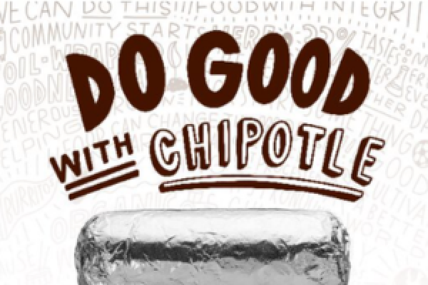 A Chipotle burrito with text above it reading "Do good with Chipotle"