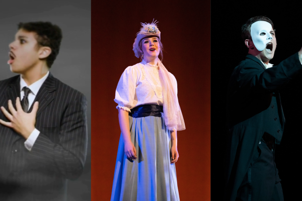 three images of theatre alumni performing as, from left to right, gomez aadams, Irene Malloy and the phantom 
