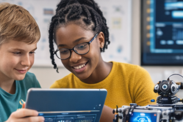 Two children working together on a tablet used to control a robot