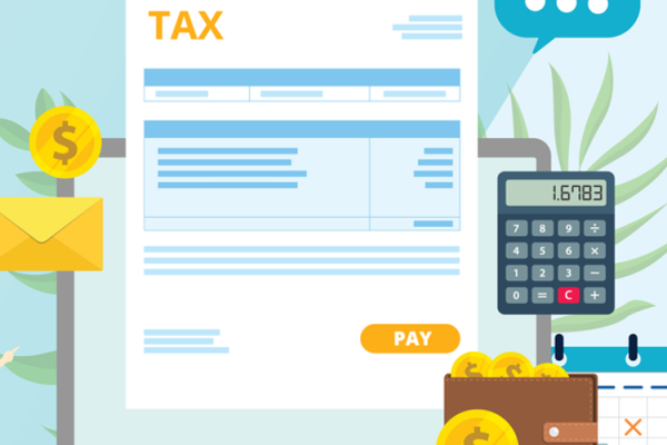 Cartoon tax form coming out of a laptop screen