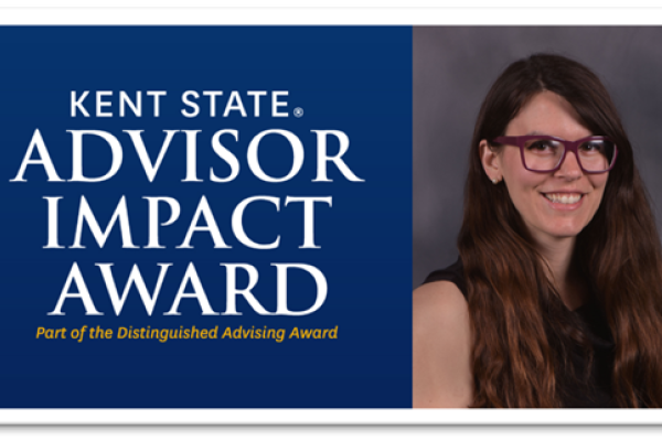 Portrait of Ellie Hansen next to the words "Kent State Advisor Impact Award, Part of the Distinguished Advising Award"