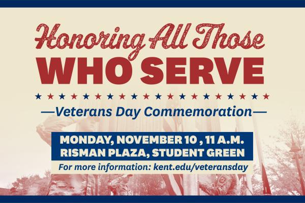 Service members holding American flags, with text that reads "Honoring All Those Who Serve: Veterans Day Commemoration"