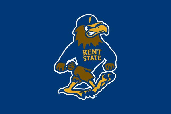 Kent State mascot Flash wearing a Golden Flashes baseball cap.