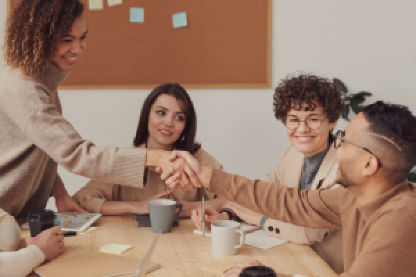 A group of people sitting at a conference room table, talking.