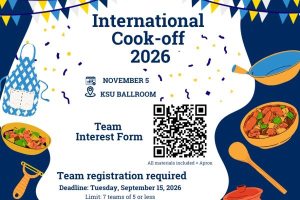 The words "International Cook-off" surrounded by dishes and cooking equipment.