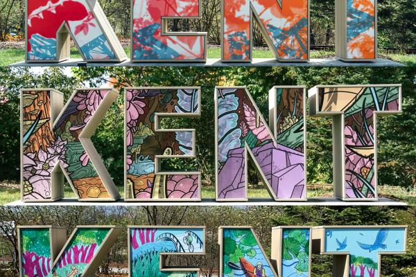 The Kent sign in downtown Kent, which features a new artist's work every other year.