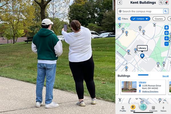 KSU mobile map screenshots, a student giving directions to another student