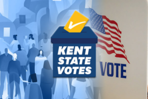 A blue and gold ballot box with text that reads "Kent State Votes."