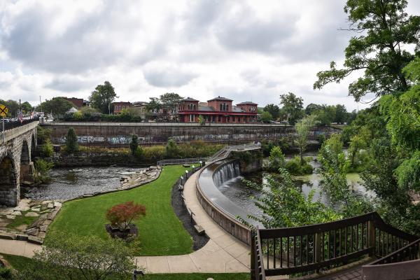 Panoramic view of Kent's old train station, river, and river walk. 