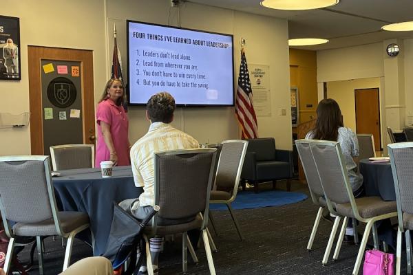 Sarah Spinner, JD, PhD, speaks at fall Leaders Lunch Club