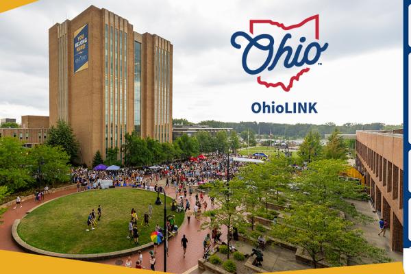 University Libraries, OhioLINK logo and a screenshot of welcome page on the app