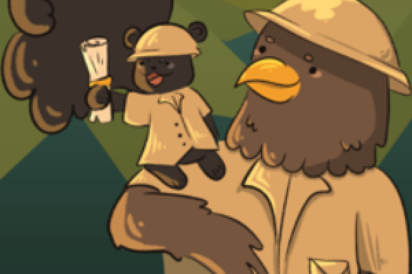 A black squirrel sitting on the shoulder of the Golden Flash mascot. Both wearing safari explorer outfits.