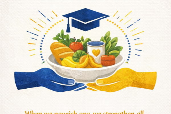 Two hands holding a plate of food. Text that reads "Nourish to Flourish."