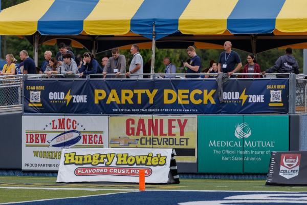A view of the Party Deck group tent at an Athletics event.