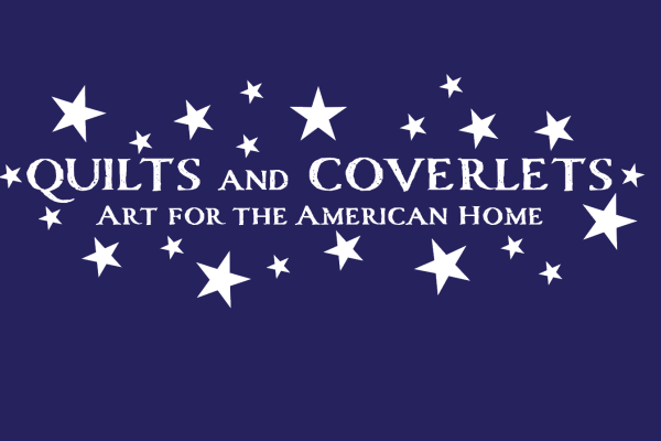 Blue background with white starts and type that reads "Quilts and Coverlets"