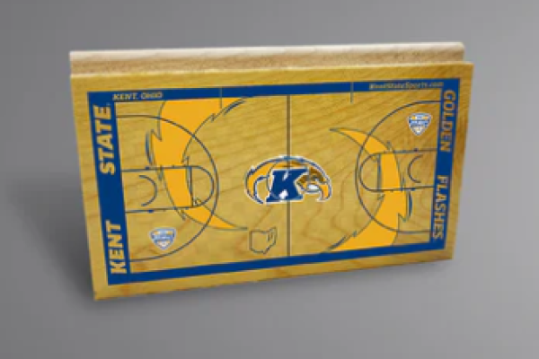 A piece of the MACC floor that has been decorated with KSU emblems and colors.