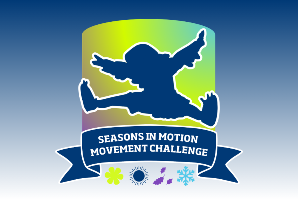 Seasons in Motion logo of an outline of Flash, the Kent State mascot jumping over a banner with the text "Season in Motion Movement Challenge"