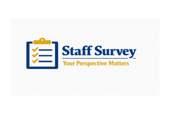 A clipboard with a survey on it. Text that reads "Staff Survey: Your Opinion Matters."